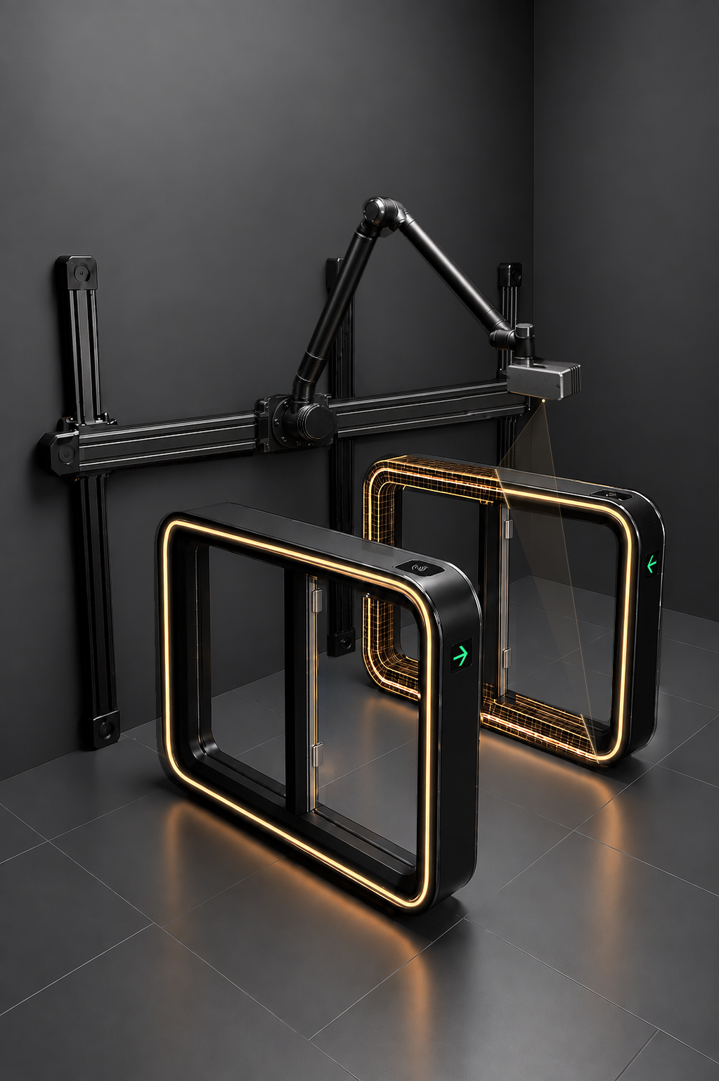Illustrative engineering study: an optical scanner traces the right-hand gate as an amber wireframe beside its matching solid counterpart, with paired reader panels and green entry indicators.