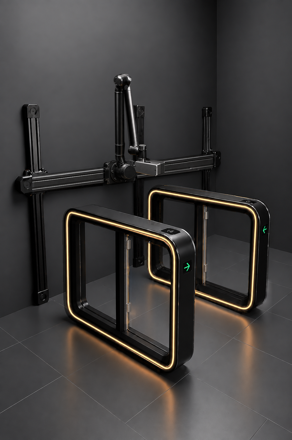 The same fictional gate pair fully resolved: symmetrical housings, matching reader lenses, green inward entry arrows and a centrally mounted cobot with an underside optical scanning head above.