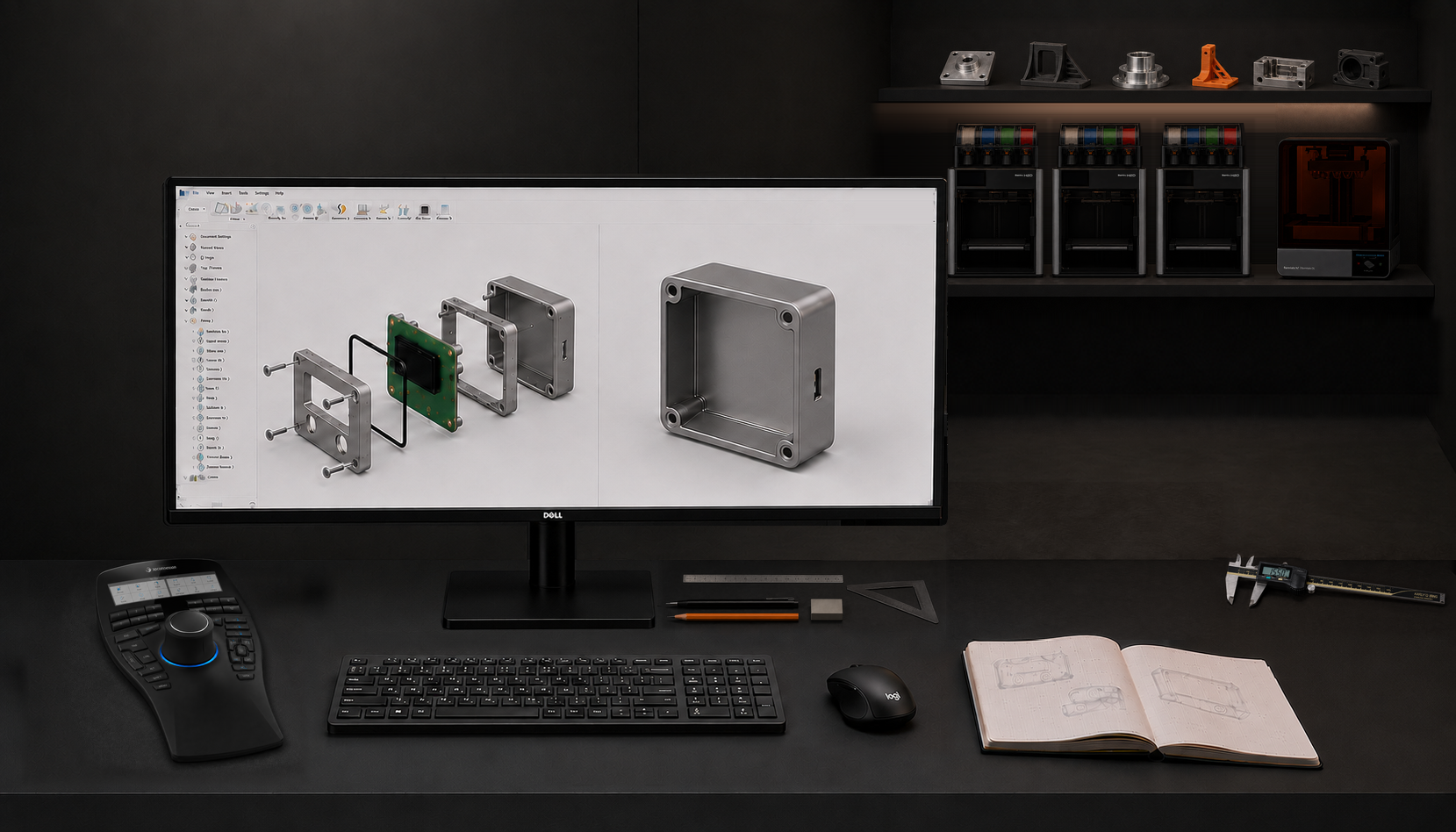 Illustrative CAD studio with an exploded enclosure and rear-housing CAD study, complete desk prototypes, reference-based SpaceMouse Enterprise controls, keyboard, mouse, straight stationery and a face-up caliper. Two near-frontal Bambu H2D printers and a Formlabs printer sit on a dim distant shelf behind the full desk.