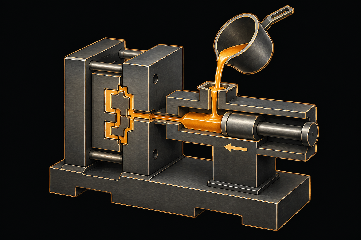 A ladle filling a shot sleeve that injects molten metal into a closed die.
