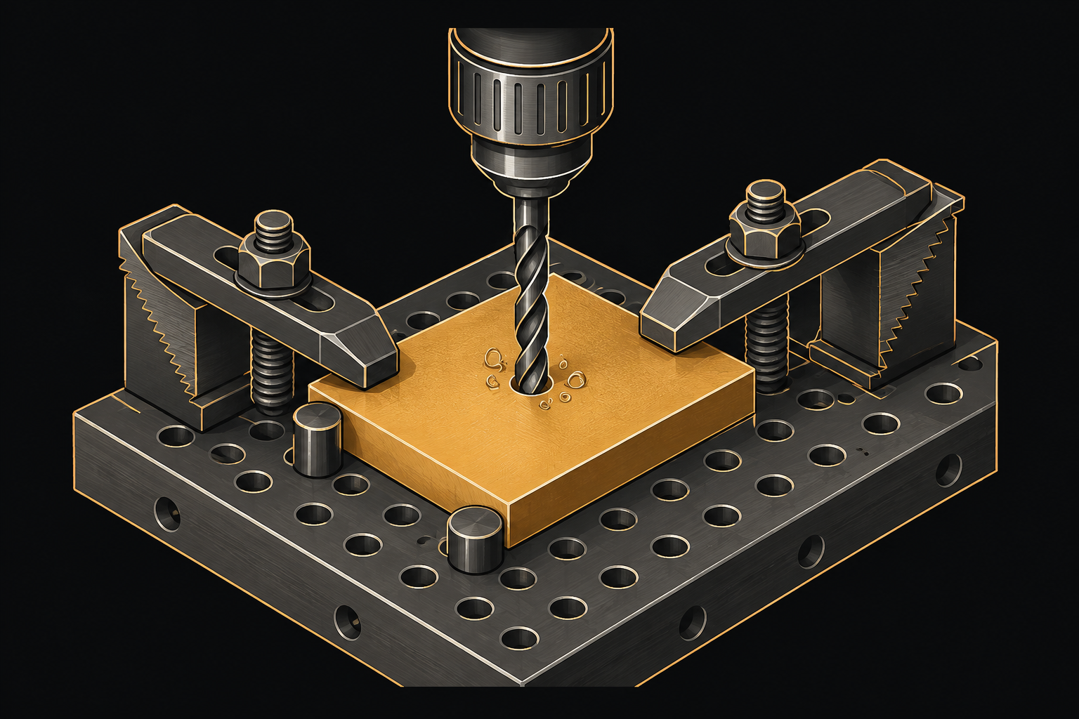 Strap clamps securing a workpiece on a tooling plate during drilling.