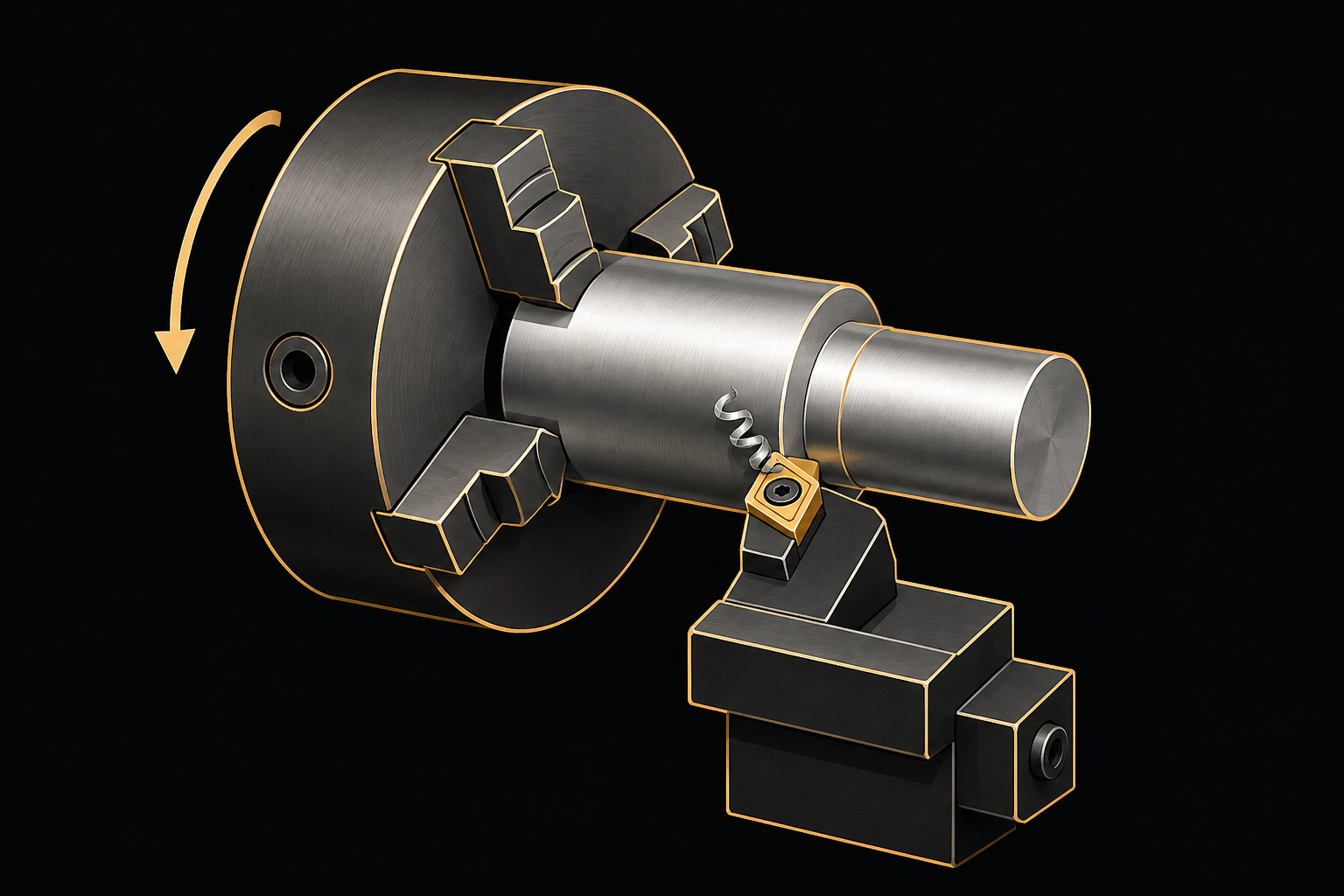 A lathe turning a stepped cylindrical component with a carbide cutting tool.